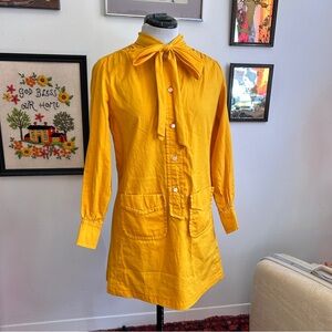 Vintage 60s 70s Ariva Mod Mustard Mini Dress with Bow Collar